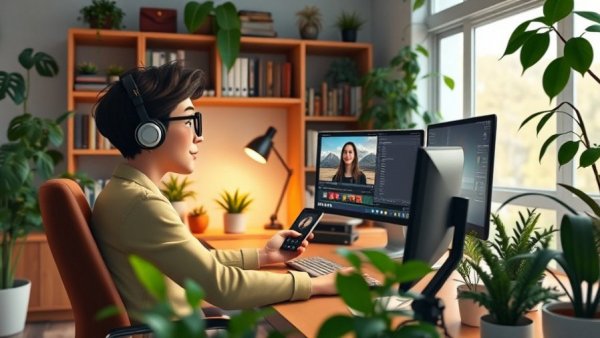 Person editing MP4 videos in a modern home office setup.