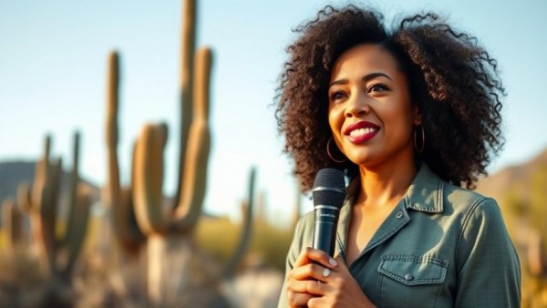 Woman discussing Gaia BH1 black hole in a desert setting.