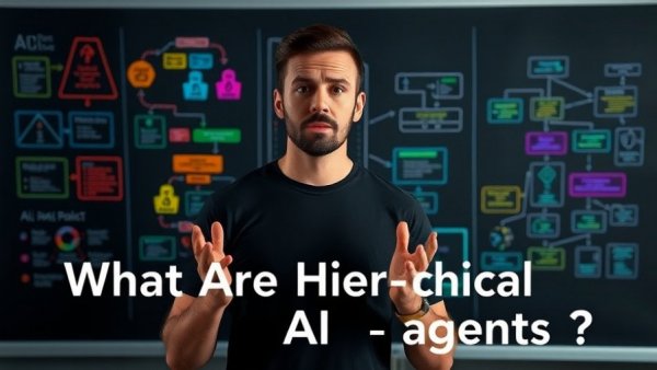 Man explaining Hierarchical AI Agents with flowchart.