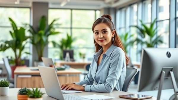 Young woman at desk on first day as engineer in modern office.