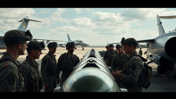 US deployment to Iran context with military personnel at airbase examining missiles.