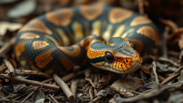 Close-up of young boa constrictor on forest floor showcasing survival.