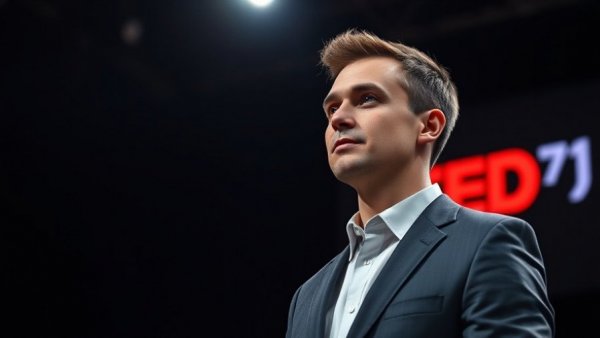 Man in suit at TED Talk with future of journalism context