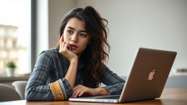 Woman working thoughtfully at desk on a laptop in modern office.