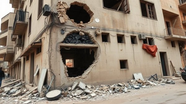 Lebanon building damaged by Israeli strikes with large holes.