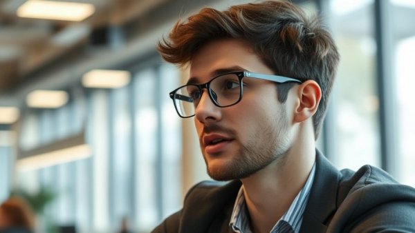 Young man discussing reading habits for productivity in an office.