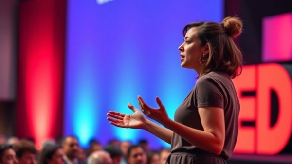Engaging speaker at TED Talk discussing acts of kindness to boost happiness.