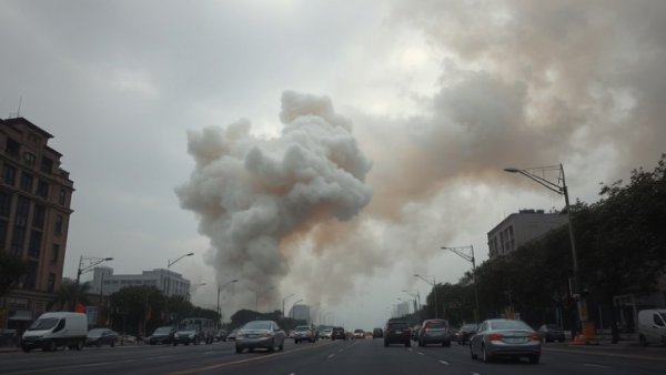 Thick smoke over city street as Iranian missiles hit Israel.