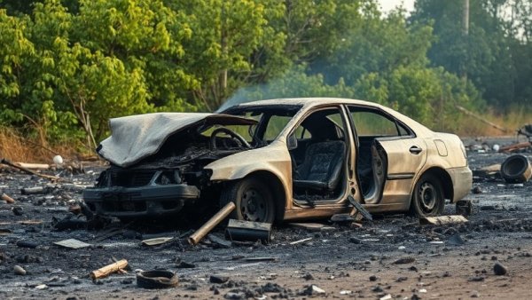 Impact of Iran missile strike with car wreckage and greenery.