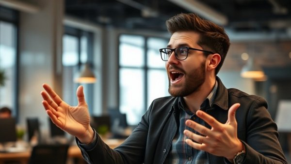 Man discussing Harry Potter fanfiction in a modern office.