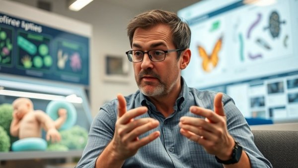 Curious man discussing microbes and peanut allergies in educational setting.