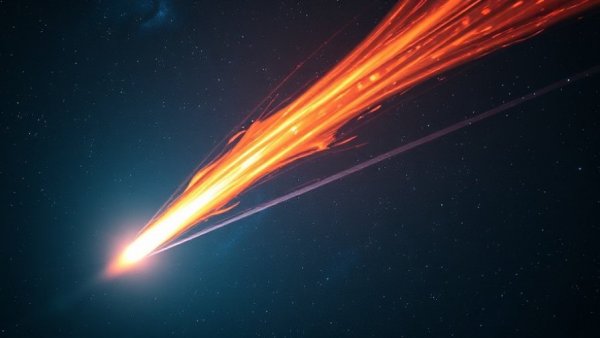Dramatic daylight comet streaking in a vibrant cosmic scene.