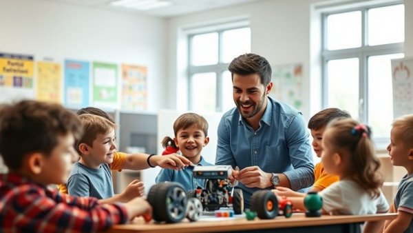 Teacher leading kids in a robotics lesson, exemplifying real-world career pathways in education.