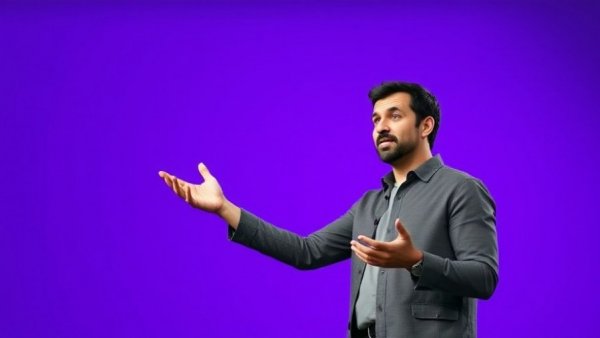 Confident speaker presenting on a purple stage backdrop, detailed and vibrant.