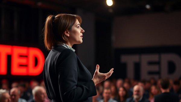 Confident speaker discusses essential ingredients of loving relationships at TED Talk.