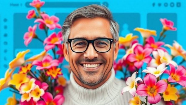 Man smiling among flowers, digital design background, health stories.