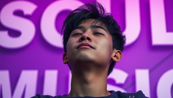 Soul Music channel serene young man enjoying music in purple tones.