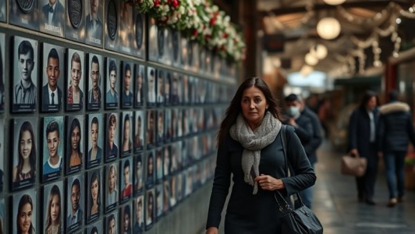 Nowruz market scene with commemorative portraits and quiet reflection.