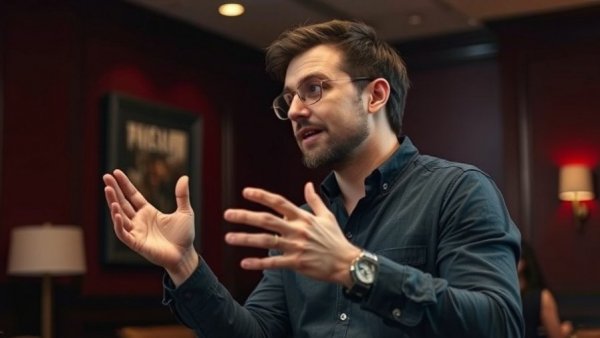 Casually dressed man gesturing in conversation indoors, Remmick's fate in Sinners