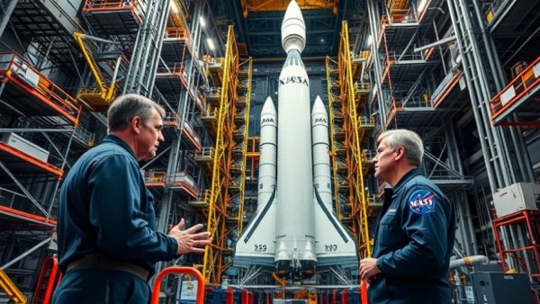 NASA engineer with Artemis II rocket in space facility.