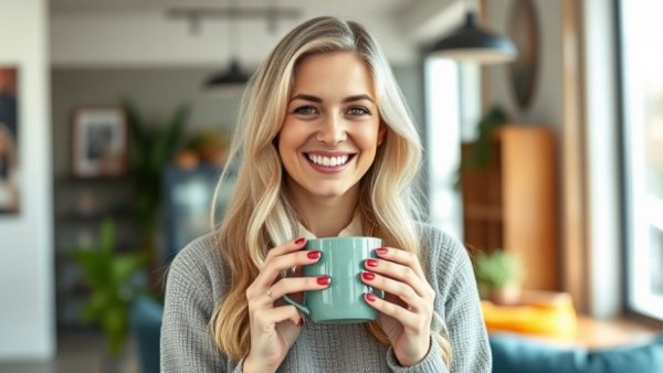 Smiling woman indoors with a coffee mug, modern background.