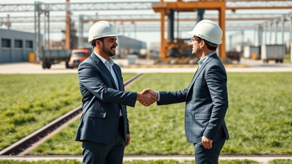 Professionals in industrial Africa trade setting, shaking hands