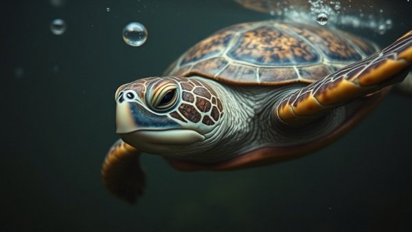 Turtle in murky water swimming gently, highlighting dirty water.