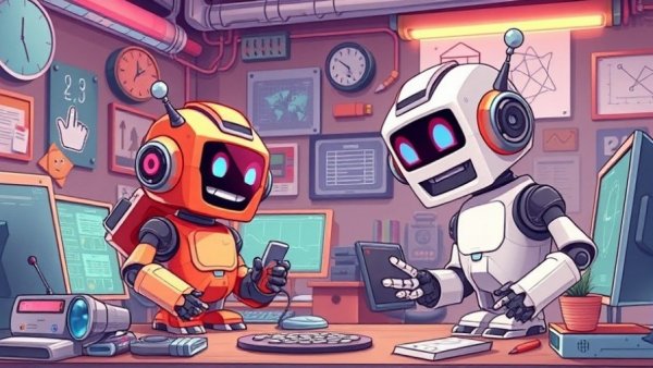 Cartoon robots in Unreal Engine digital workspace.