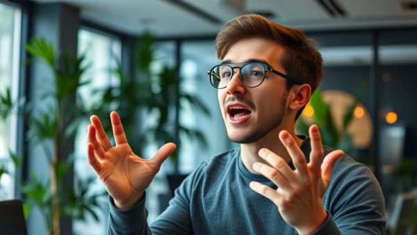 Young man discussing Crab Bucket Mentality in modern office.