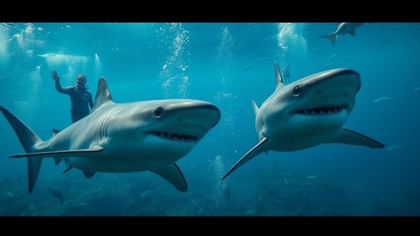 Bull sharks swimming underwater with person explaining; marine exploration