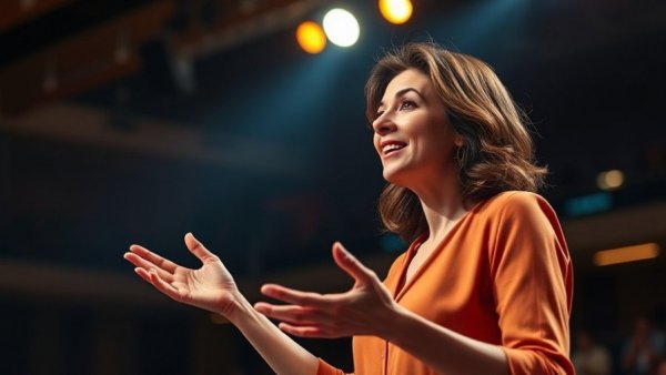 Confident speaker discussing taking work less seriously on stage.