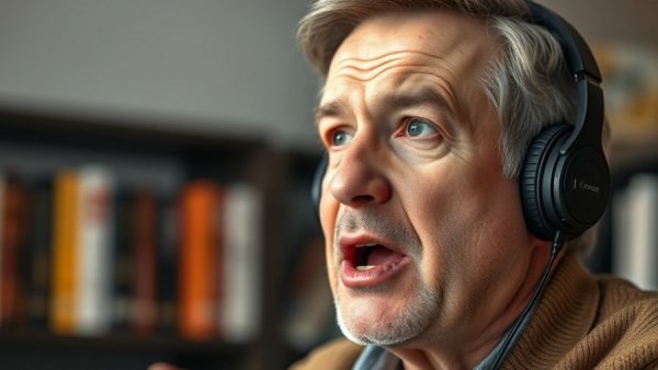 Engaged middle-aged person speaking into a microphone, command attention in tech.