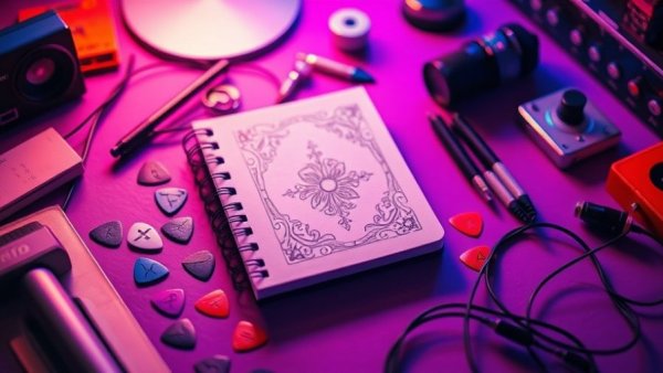 Vibrant desk with music items, perfect for kids' creative video tools.