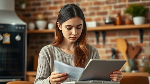 Mother managing finances in cozy kitchen, Family Well-Being Economic Strain