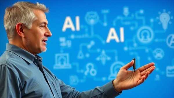 How AI uses tools demonstrated by mature man on blue background.