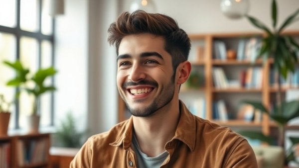 Casual young man discussing competition paradox in a modern office.