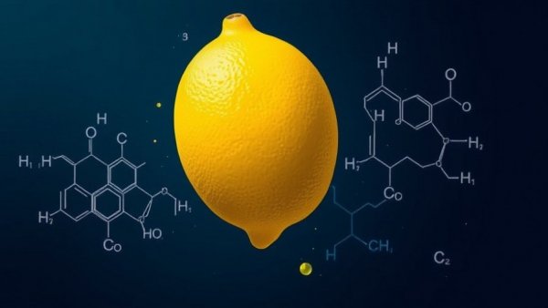 Illustration of a lemon with chemical structures on a dark background.