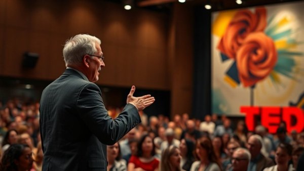 Dynamic speaker engaging audience at TED Talk, practicing curiosity.