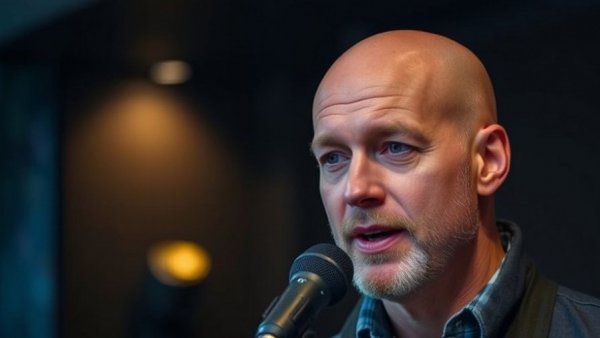 Bald man discussing insights in a podcast setting, lessons from feedback research.