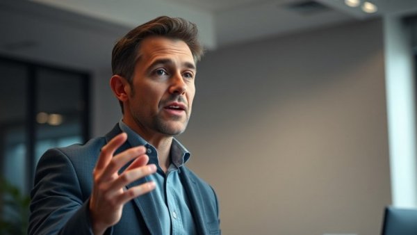 Confident speaker in office setting, AI Africa filmmakers, soft lighting.