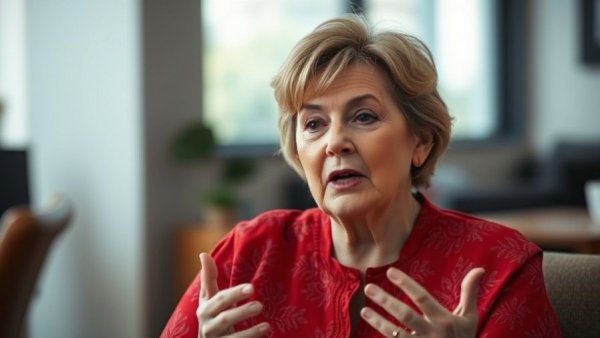 Middle-aged woman discussing Africa trade, indoors, expressive and focused.