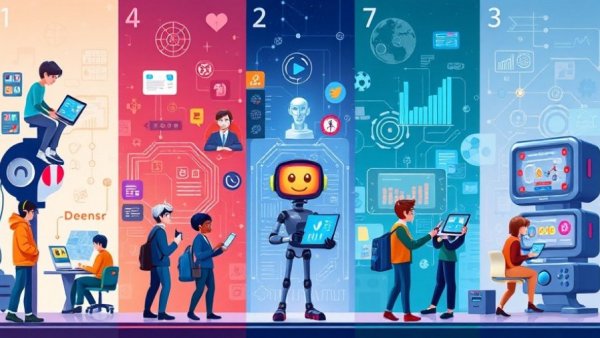 7 Levels of AI Users depicted in colorful cartoon illustration.