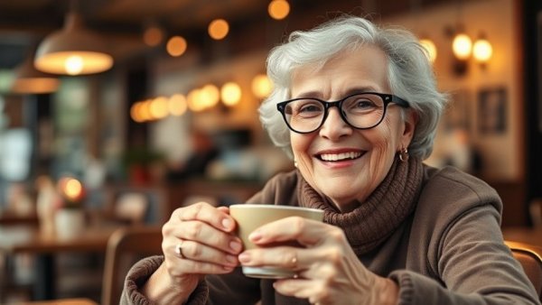 Elderly woman in glasses enjoying tea in a cozy cafe, illustrating TikTok success story.