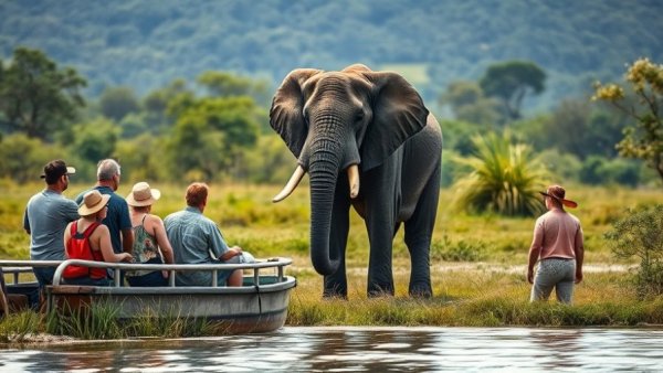 Tourists in boat observing elephant on safari adventure.