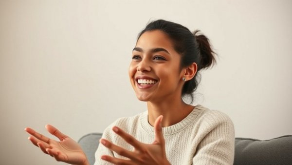 Smiling young woman speaking indoors, soft lighting.