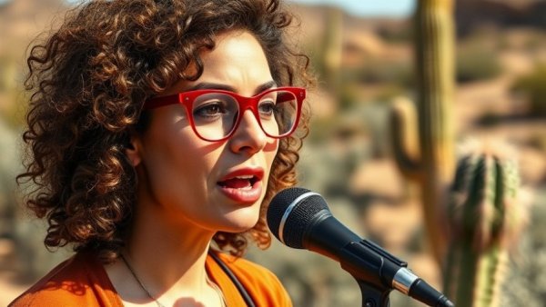 Curly-haired woman in red glasses speaking outdoors in cactus environment.