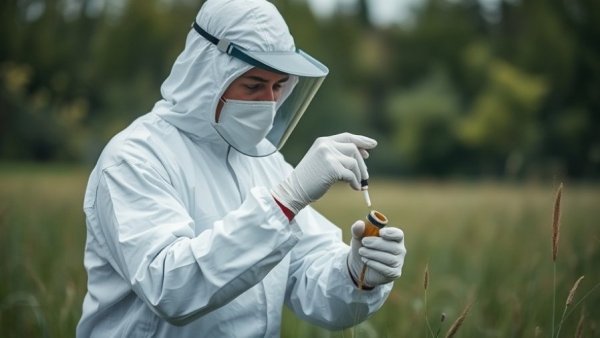 Healthcare worker in protective suit conducting field research.