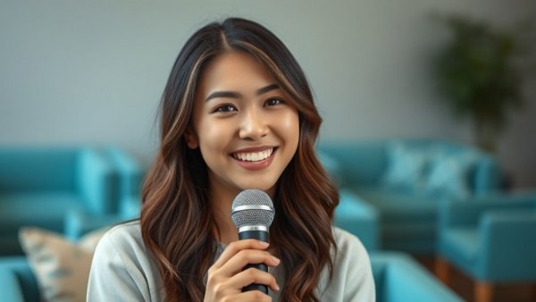 Young woman smiling indoors, holding a microphone, evaluate information.