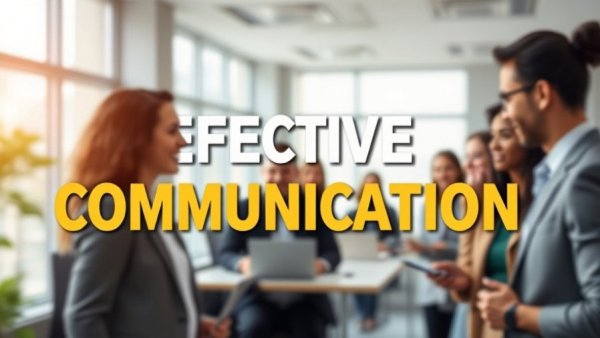 Speak like a leader with confidence; overlay text on office scene.