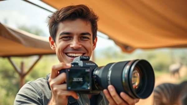 Young man capturing safari with camera on Namibia to Victoria Falls Overland Safari.